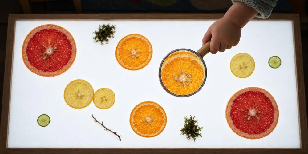 Mesa de luz LED A3 encendida con rodajas de cítricos