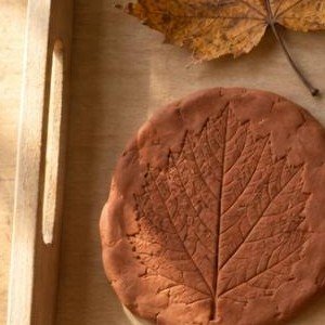 Borde y asa de la bandeja de madera con un disco marcado por una hoja