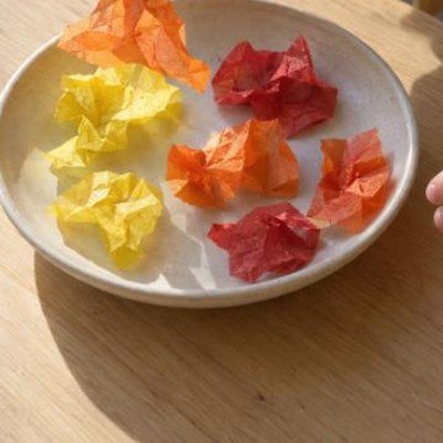 Trozos de papel de seda de colores otoño sobre un plato de cerámica