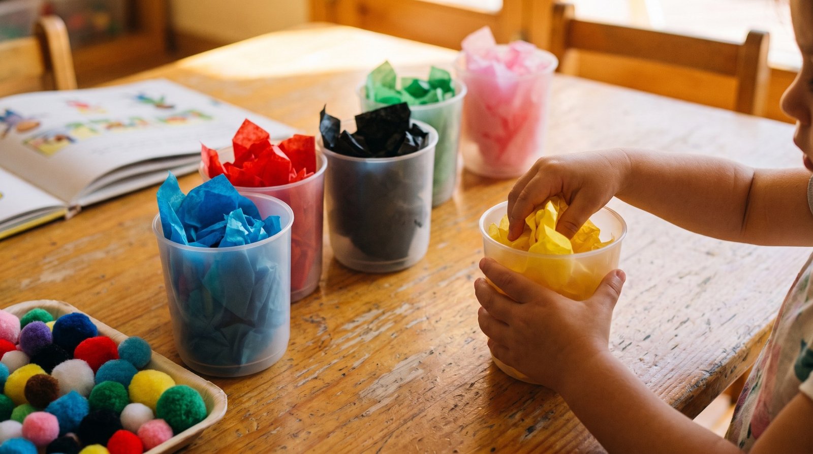 Niña de 2 años metiendo papel amarillo en un bote translúcido junto al cuento El Monstruo de Colores abierto sobre la mesa