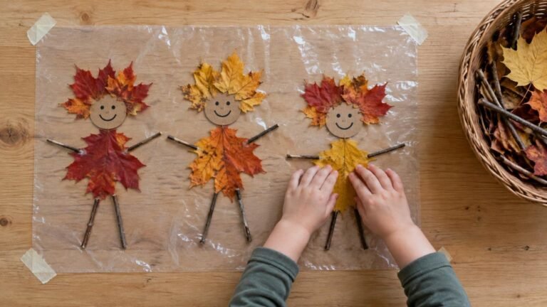 Muñecos de hojas en papel adhesivo: tres muñecos con cara de cartón y cuerpo de hojas secas de otoño mientras un niño aprieta una hoja amarilla