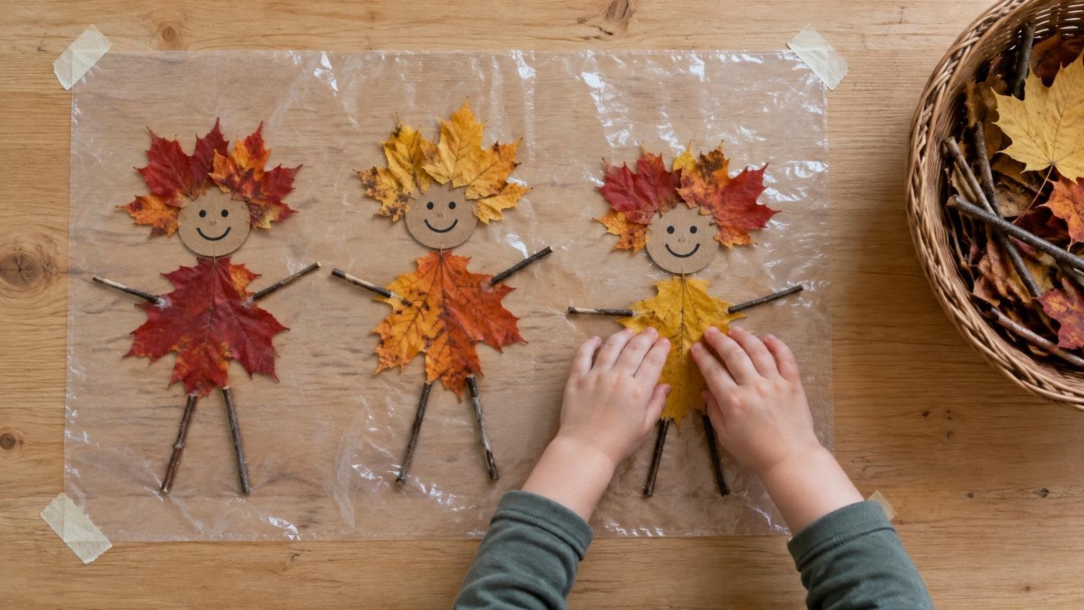 Muñecos de hojas en papel adhesivo: tres muñecos con cara de cartón y cuerpo de hojas secas de otoño mientras un niño aprieta una hoja amarilla