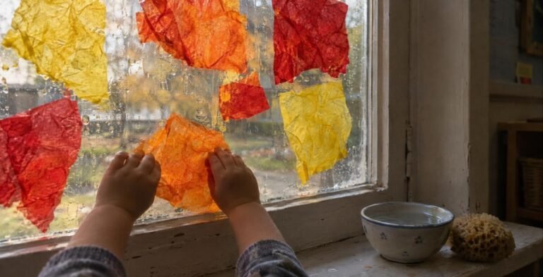 Bebé de un año pegando trozos de papel de seda de colores otoño en el cristal de una ventana mojada