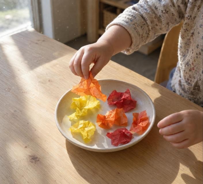 Bebé cogiendo trozos de papel de seda de colores otoño de un plato para la actividad de la ventana