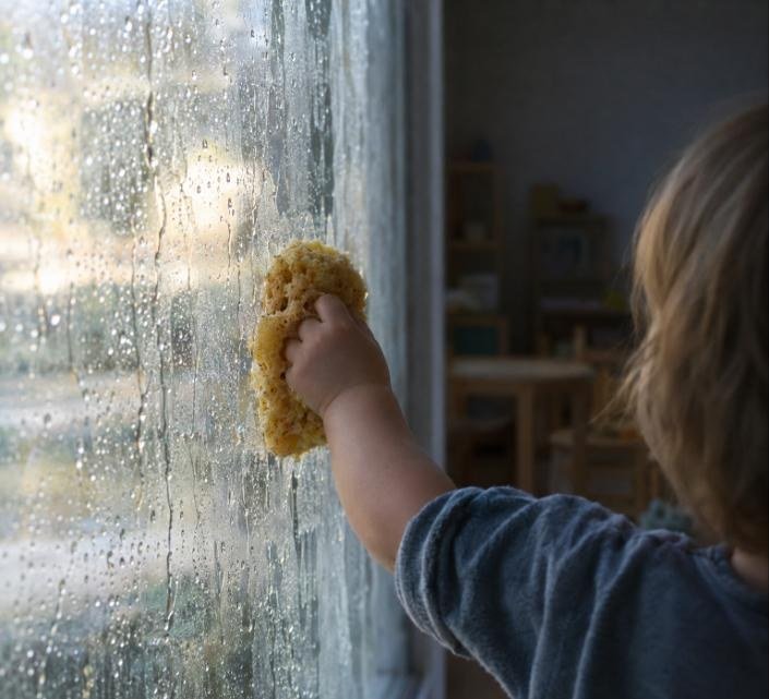 Bebé mojando el cristal de la ventana con una esponja natural antes de pegar el papel de seda
