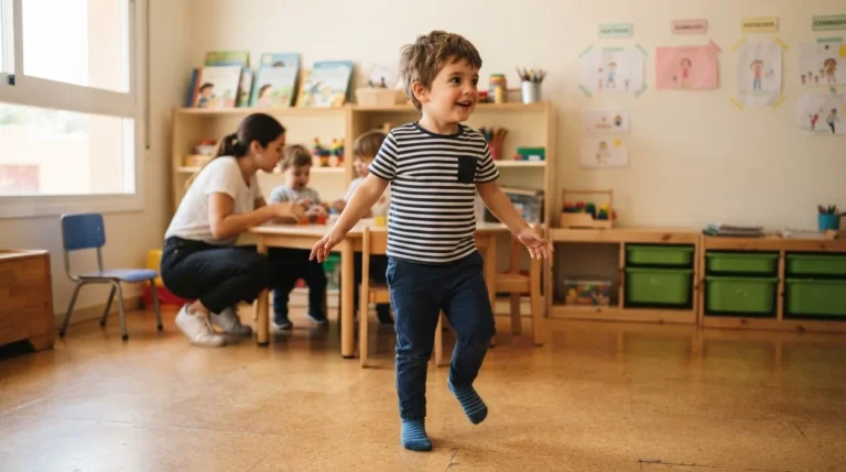 Niño de dos años y medio congelado a media zancada en el aula al parar la señal — juego de parar y arrancar
