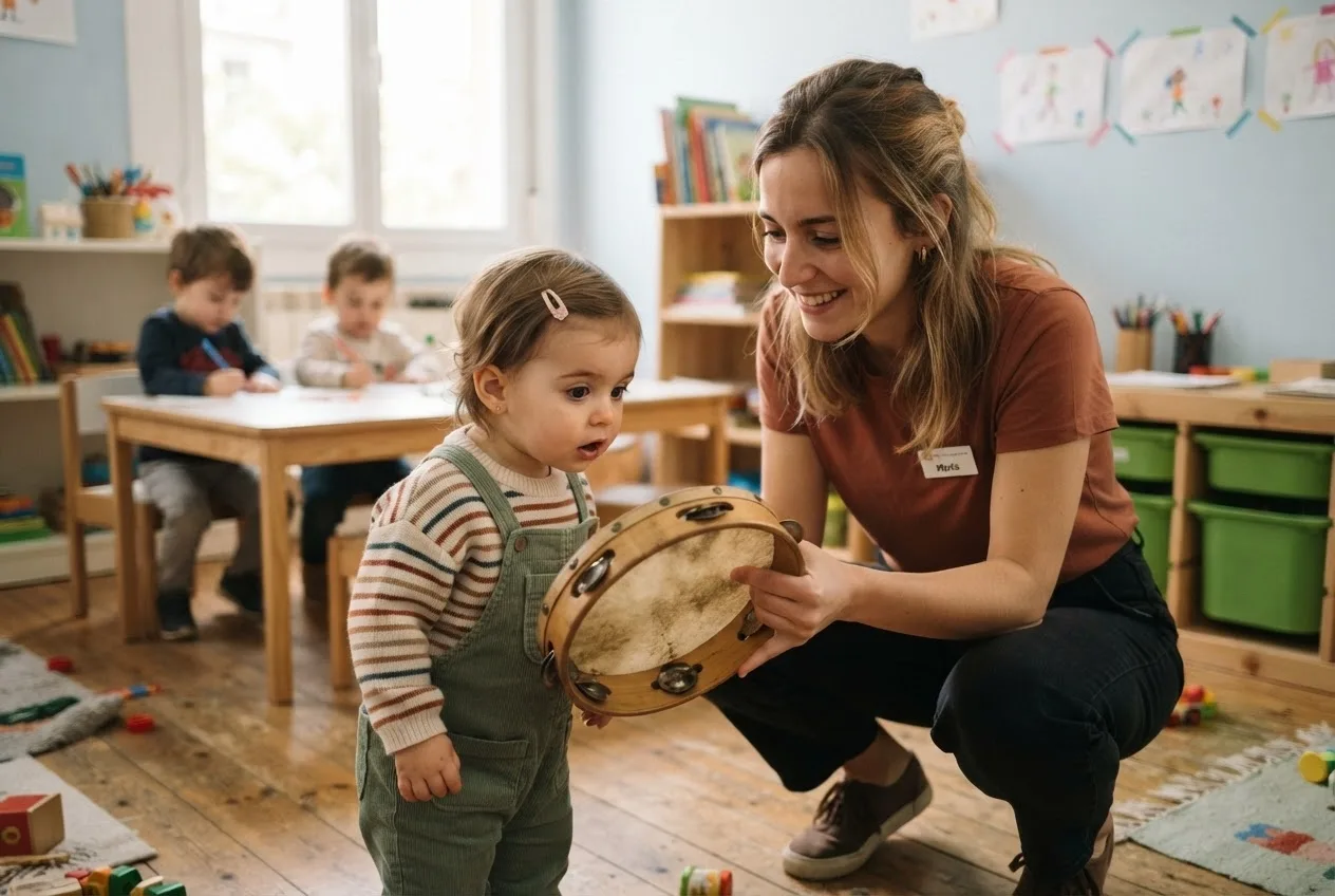 Educadora agachada mostrando una pandereta a un niño pequeño en un aula despejada, explicándole el juego