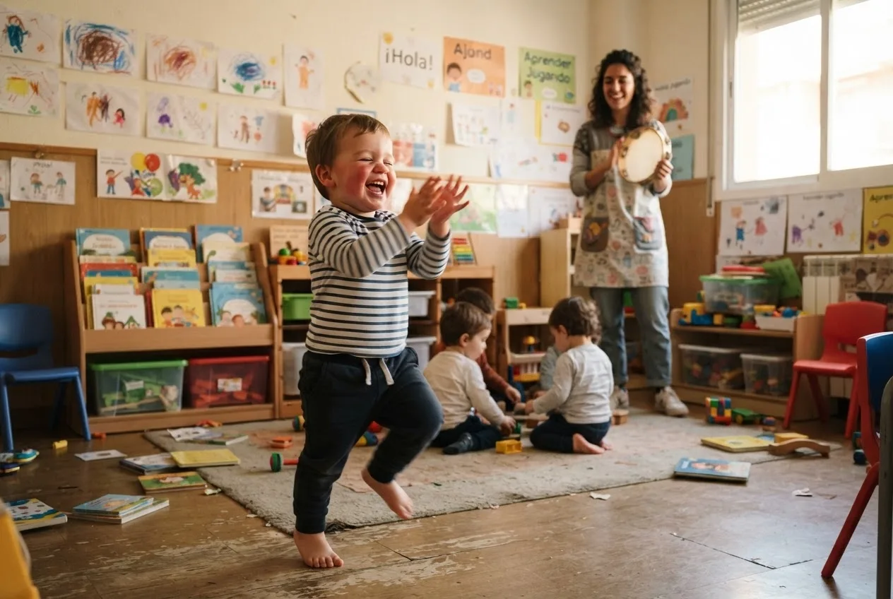 Niño de dos años marchando y dando palmas por el aula mientras un adulto toca la pandereta al fondo