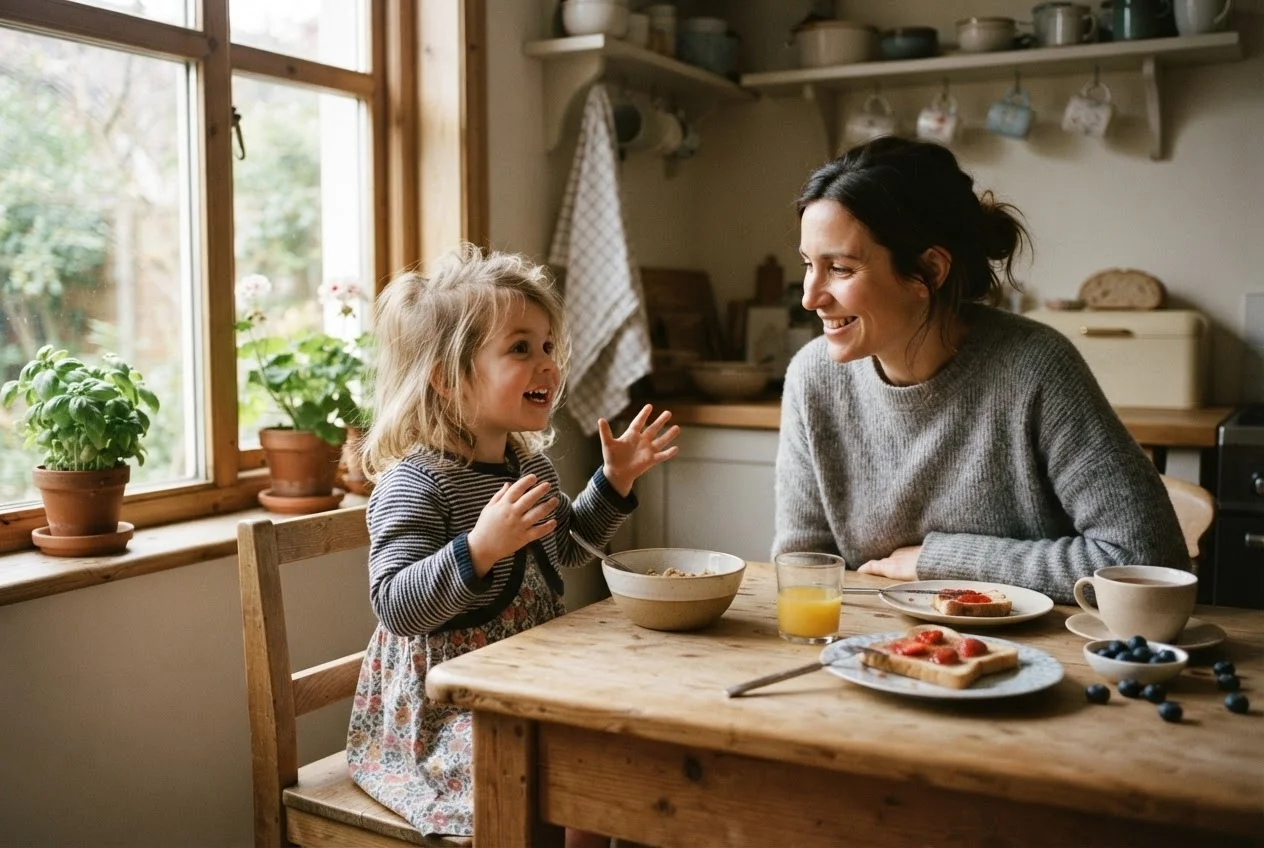 Niña de tres años contando algo a su madre durante el desayuno, con luz de mañana