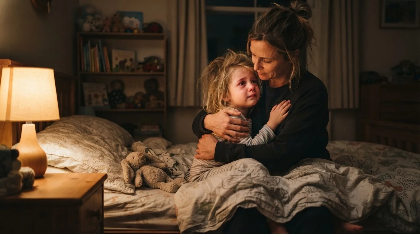 Niña de tres años despertada por una pesadilla, abrazada por su madre en la cama con luz cálida