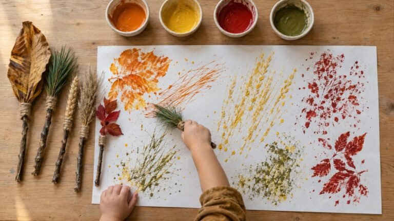 Pinceles de otoño hechos con palitos, hojas secas, pino y espigas junto a un papel con huellas de témpera naranja, amarilla y roja