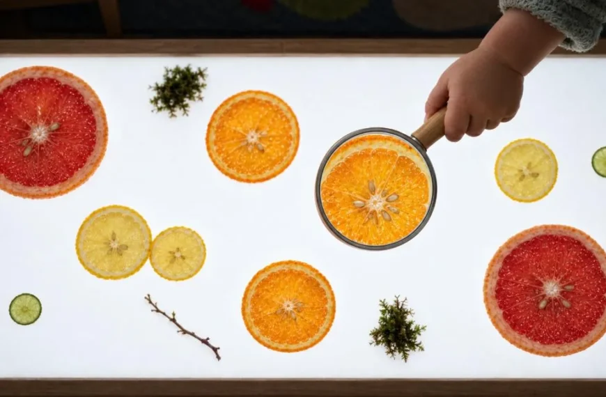 Rodajas de cítricos en la mesa de luz para niños: actividad sensorial paso a paso (1-3 años)