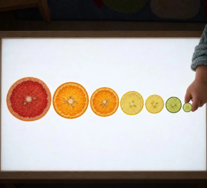 Fruta ordenada de mayor a menor mientras una mano infantil coloca la pieza más pequeña