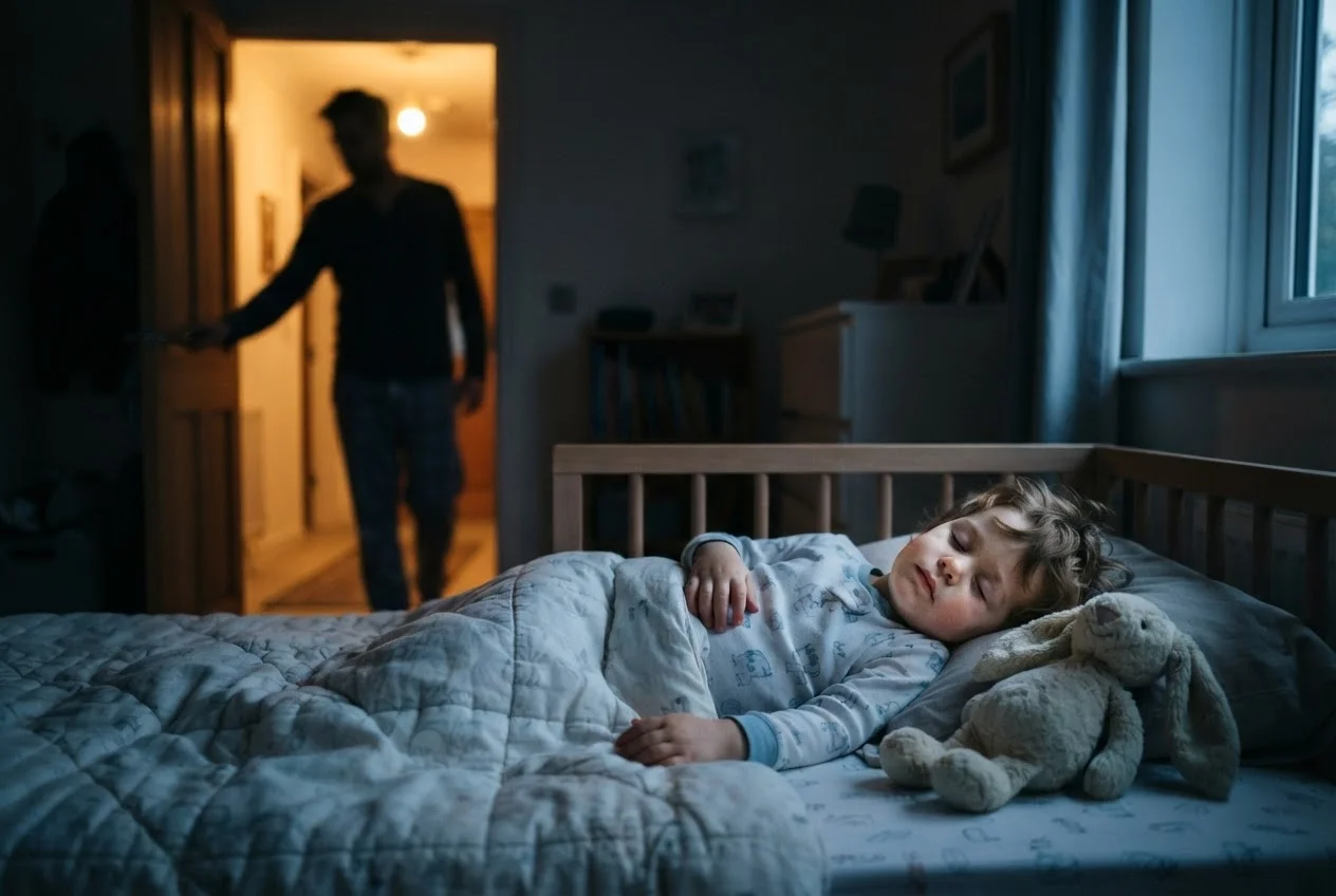 Niño de tres años durmiendo tranquilo tras un terror nocturno mientras su padre sale de la habitación en silencio