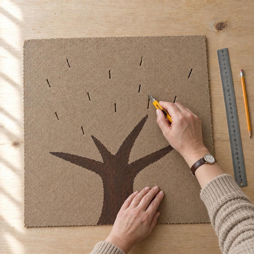 Las manos de un adulto hacen ranuras cortas con un cúter en la copa de un árbol pintado en cartón