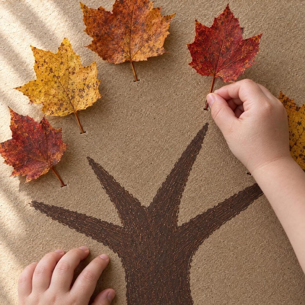 Árbol de otoño de cartón: los dedos de un niño meten el tallo de una hoja roja en una ranura