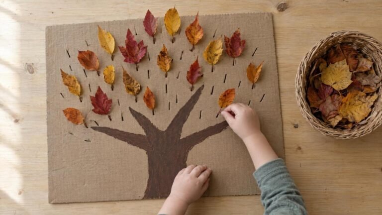 Árbol de otoño de cartón: las manos de un niño pinchan hojas secas en las ranuras de la copa pintada en un cartón