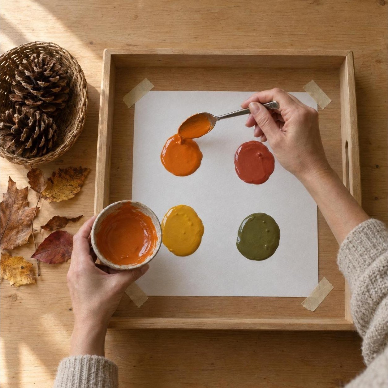 Las manos de una adulta echan con una cuchara gotas de témpera naranja, roja, amarilla y verde sobre un folio pegado con cinta en la bandeja