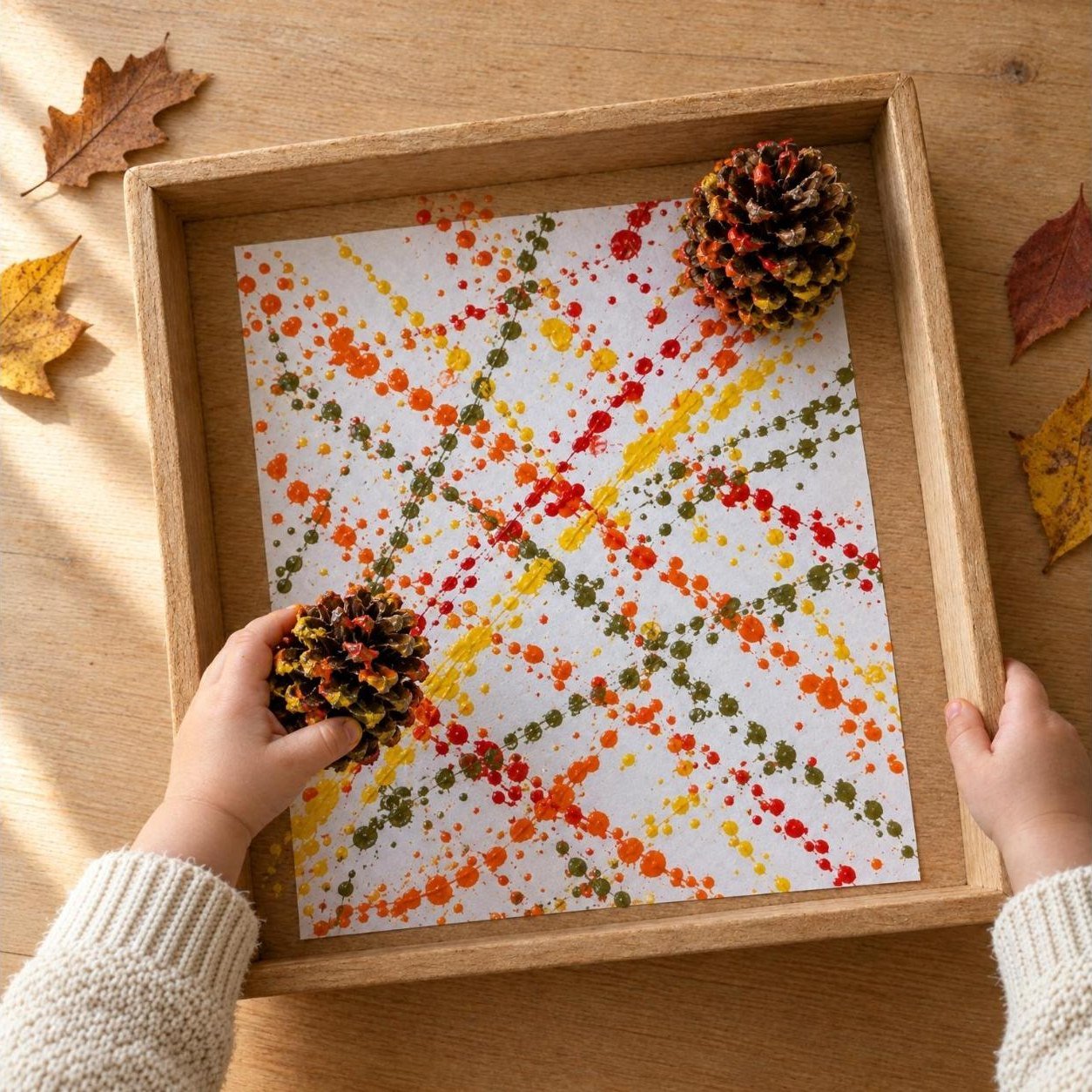 El folio lleno de líneas cruzadas de témpera de otoño y la mano del niño sacando una piña manchada de pintura