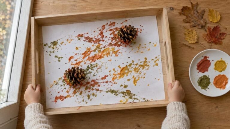 Pintar rodando piñas: las manos de un niño inclinan una bandeja de madera y dos piñas dejan rastros de témpera de otoño sobre el folio